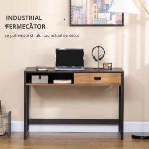 Birou Calculator – Nuc & Negru cu Sertar si Raft, Non-structură metalică, MDF, Picioare negre, Față sertar din lemn - Img 4