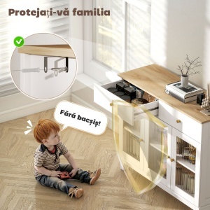 Bufet Bucătărie cu 2 Dulapuri și 2 Sertare, Uși din Sticlă Securizată Canelată, Bufet Sufragerie cu Rafturi Ajustabile, pentru Living sau Sufragerie, 100x35x80.3 cm, Alb și Stejar - Img 8