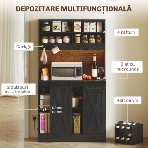 Bufet de Bucătărie cu Suport pentru Sticle, Priză și Iluminare LED, Negru - Img 4