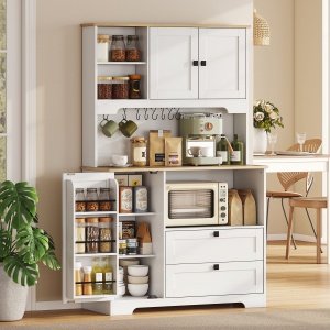 Bufet de Bucătărie Înalt 162 cm, Mobilier de Depozitare cu 2 Dulapuri, 2 Sertare, Suport Condimente, Orificii pentru Cabluri, Rafturi Reglabile, Blat pentru Cuptor cu Microunde, Suporturi pentru Cești, Alb - Img 2