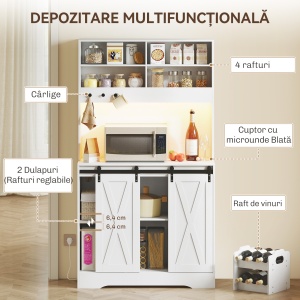 Bufet de Bucătărie Rustic 180cm, Dulap cu Priză de Încărcare, Lumini LED, Suport pentru Sticle, Blat pentru Cuptor, Rafturi Deschise, Uși Glisante, Orificiu pentru Cabluri, Alb - Img 4