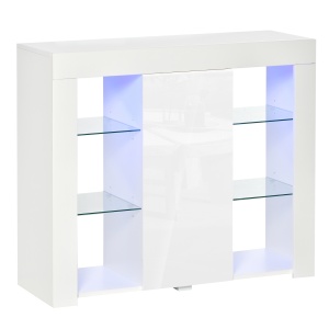 Bufet Modern cu Usa si lumini LED cu Finisaj Lucios si Rafturi din Sticla - Img 1