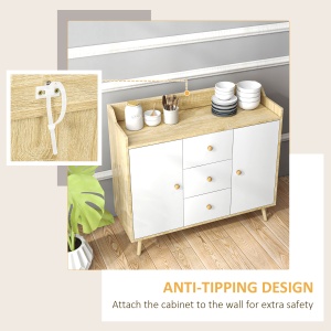 Bufet Modern din PAL si Lemn de di Pin cu 3 Sertare si 2 Dulapioare cu 2 Niveluri, 90x32x80 cm, Alb si Lemn Natur - Img 5