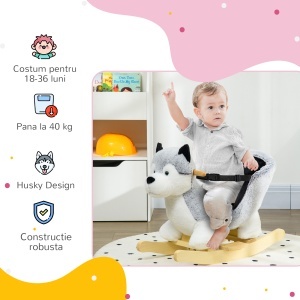 Cal Balansoar pentru Copii Animal de Balansat pentru Copii din Lemn in Forma de Husky din Plus cu Centura de Siguranta Jucarie pentru Fete Baieti pentru Interior Exterior - Img 5