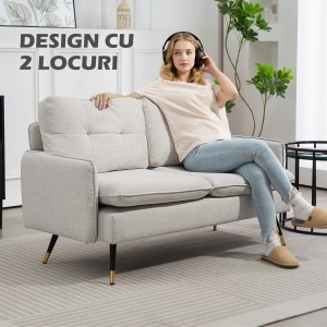 Canapea 2 Locuri din Țesătură cu Efect de In cu Perne Căptușite Alb Crem - Img 6