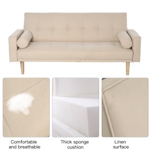 Canapea Extensibilă 2‑în‑1, 3 Locuri, Material Din In și 2 Perne Detașabile, Bej - Img 6