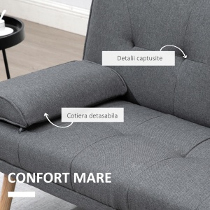 Canapea extensibilă cu 3 locuri, 2 cotiere detașabile și covoraș antiderapant, imitație in și lemn de plop, 181x77x78cm, gri închis - Img 6