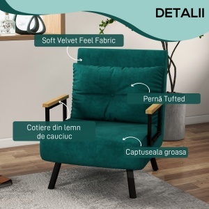Canapea Extensibilă cu Spătar Reglabil pe 5 Nivele, Canapea Pat Individuală Pliabilă cu Perne, 63x73x81 cm, Verde - Img 6