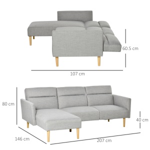 Canapea Extensibila pe Colt cu 3 Locuri din Tesatura Gri Reglabila Stil Scandinav - Img 3