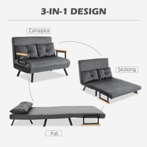 Canapea Pat 2 Locuri – Gri inchis, Reglabila & Cu 2 Perne - Img 4