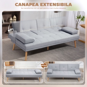 Canapea Pat cu Spătar Reglabil 3 Trepte, Tapițerie din In, Suport Pahare și Măsuță Rabatabilă, Picioare din Lemn, gri deschis - Img 4