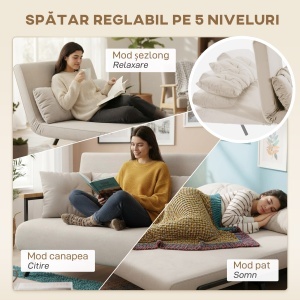 Canapea Pat de 2 Locuri cu Spătar Reglabil pe 5 Nivele și 2 Perne din Material Capitonat, 102x73x81 cm, Negru - Img 5
