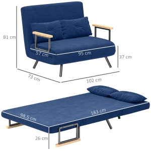 Canapea Pat de 2 Locuri cu Spătar Reglabil pe 5 Nivele și 2 Perne din Material Capitonat, 102x73x81 cm, Albastru - Img 3