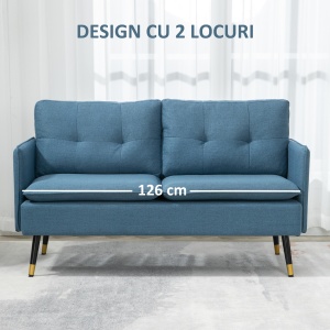 Canapele cu 2 locuri pentru camera de zi din tesatura cu buton cu perne, albastru inchis - Img 6