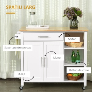 carucior bucatarie cu 4 roți, 3 rafturi, pentru bucătărie si sufragerie,107×48×89 cm, din MDF, Lemn de cauciucalba, alb - Img 5
