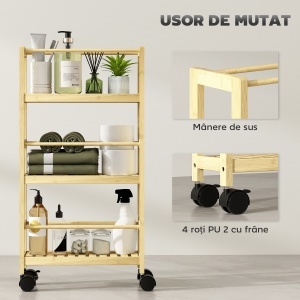 Cărucior de Baie cu 3 Niveluri cu Lamele și Roți 36x15x73 cm Culoare Lemn - Img 5