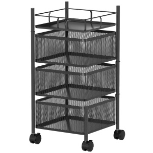 Cărucior de Bucătărie cu 3 Nivele cu Coșuri Rotative din Metal, Roți și Frână, 27,5x27,5x62 cm, Negru