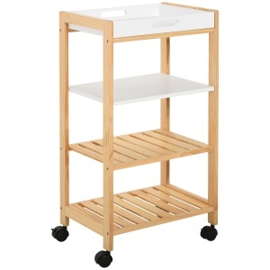 Carucior de bucatarie cu 4 nivele din MDF si lemn de pin cu 4 roti pivotante, 40x30x76 cm, alb si maro - Img 1