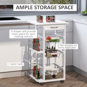 Carucior de Bucatarie cu Economisire de Spatiu din Lemn Alb cu 4 Roti 3 Cosuri Detasabile - Img 5