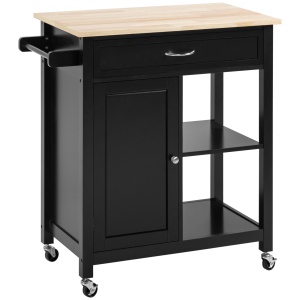 Carucior de Bucatarie din Lemn cu Sertar, Dulapior si Etajere cu Roti, 83x45x88cm, Negru - Img 1