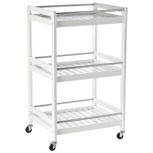Carucior de Bucatarie Economisire Spatiu din Lemn Alb cu 3 Etajere 4 Roti 360° - Img 1