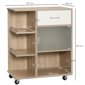 Carucior de bucatarie modern, carucior mobil de depozitare cu sertar, polita cu 3 niveluri, dulap cu usa din sticla, pentru sufragerie, natural - Img 3