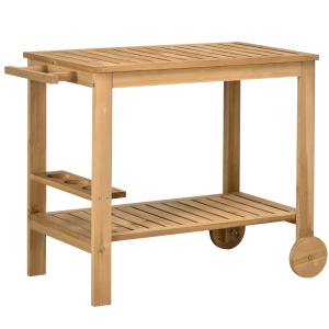 Cărucior de Servire pentru Grădină din Lemn de Brad, Cărucior cu Rafturi și Suport pentru Sticle, 95x47x74 cm, Natural - Img 1