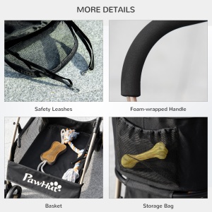 Carucior Detasabil pentru Animale de Companie, Carucior de Calatorie 3 in 1 pentru Caini si Pisici, Geanta de Transport Pliabila cu Roti Universale cu Frana, Copertina Cos de Depozitare, Negru - Img 8