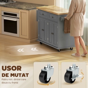 Căruț de Bucătărie cu 2 Sertare și 2 Dulapuri, Insulă de Bucătărie cu Blat din Lemn, 111x44,5x82,5 cm, Gri - Img 7