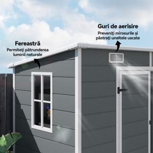 Căsuță de Grădină din Rășină cu Podea, 2 Uși Blocabile, Fereastră, 2,4 x 1,3 m, Gri - Img 7