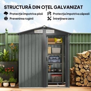 Căsuță de Grădină pentru Unelte din Oțel cu Acoperiș Înclinat și 4 Ferestre de Ventilație, 152x132x188 cm, Gri - Img 4