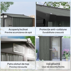 Căsuță de Grădină pentru Unelte din Oțel cu Acoperiș Înclinat și 4 Ferestre de Ventilație, 152x132x188 cm, Gri - Img 6