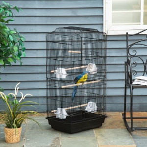 Colivie pentru pasari cu Stinghii, Leagan si boluri, Voliera din Metal si Plastic, 46.5x35.5x92 cm, Negru - Img 2