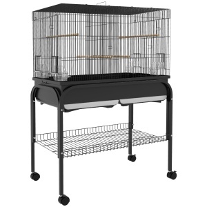 Colivie pentru Păsări de Interior cu Tăviță, Raft și Roți, Volieră din Oțel pentru Perusi, Canari, Nimfe și Papagali, Negru, 85 x 49 x 119 cm - Img 1