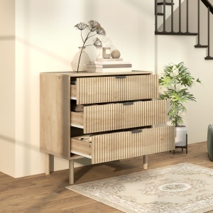 Comodă cu 3 Sertare, Picioare din Lemn Masiv și Design Canelat, 80x40x77,5 cm, Lemn Natural - Img 7