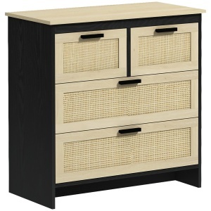 Comoda cu 4 Sertare din PAL si Ratan pentru Sufragerie si Dormitor, 80x38x80 cm, Negru si Lemn Natur