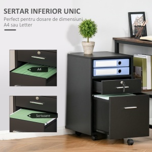 Comodă de Birou cu 2 Sertare și Raft Deschis, Mobilier cu 5 Rotile, Încuietoare și 2 Chei, 39x40x65 cm, Negru - Img 6