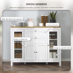 Comodă de Bucătărie cu Sertare, Dulapuri și Uși din Sticlă Alb și Stejar - Img 4