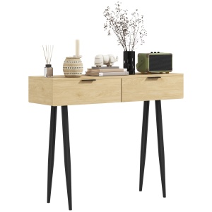 Consolă de Intrare cu 2 Sertare, Masă Consolă din Lemn cu Picioare din Oțel, 100x30x80,5 cm, Lemn Natural - Img 1