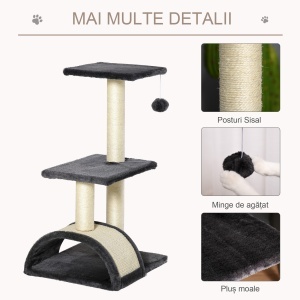 Copac pentru Pisici cu 3 Nivele cu Covor pentru Zgâriat în Formă de Arc, Copac de Zgâriat, 40x35x72 cm, Gri - Img 5