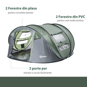 Cort de Camping Pop Up pentru 2 Persoane cu 2 Uși, 4 Ferestre și Înveliș Impermeabil, 263.5x220x123 cm, Verde - Img 5