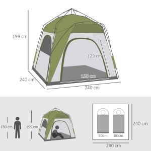 Cort pentru Camping cu 2 Locuri, Cort cu Ușă, 3 Ferestre cu Plasă și Geantă pentru Transport, 240x240x199 cm, Verde - Img 3