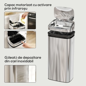 Coș de Gunoi Automat de 40L cu Senzor, Structură din Oțel, 33x25x70 cm, Argintiu - Img 6