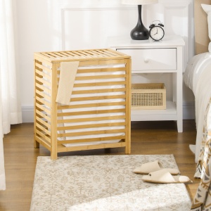 Cos de Rufe cu Sipci din Bambus si Material Textil cu Capac si Sac detasabil pentru Baie si Dormitor, 50x36x60 cm, culoare Lemn natur - Img 2