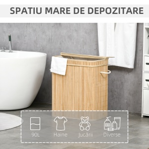 Coș de Rufe de 90L Pliabil cu 2 Compartimente, Capac și Mânere din Bambus - Img 4