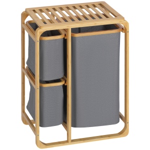 Cos de rufe din bambus , cos de rufe cu 3 pungi glisante din material textil si raft deschis, cos de spalat cu 3 sectiuni, economiseste spatiu, natural - Img 1