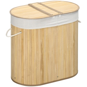 Cos de rufe din bambus cu capac, 100 litri cu 2 sectiuni, captuseala detasabila lavabila, 62,5 x 37 x 60,5 cm, natural - Img 1