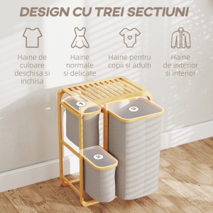 Coș pentru Rufe cu 3 Saci și Rafturi Detașabile din Material Textil din Bambus, 50x32x69,7 cm, Alb Crem - Img 6
