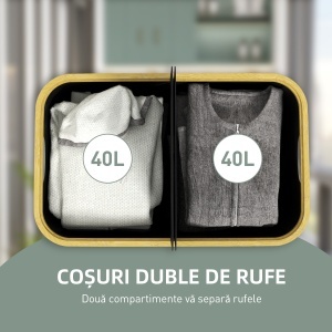 Coș pentru Rufe de 80L cu 2 Secțiuni și Capac din Material Textil și Bambus, 54x34x58,5 cm, Negru - Img 4