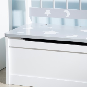 Cufar de jucarii moderna 2 in 1, scaun pentru copii, MDF si lemn de pin, 60x30x50 cm, alb si gri - Img 9